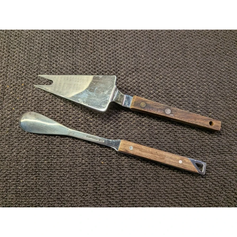 Vintage Stainless Steel Japan Wood Handle Cheese Knife & Spreader Set